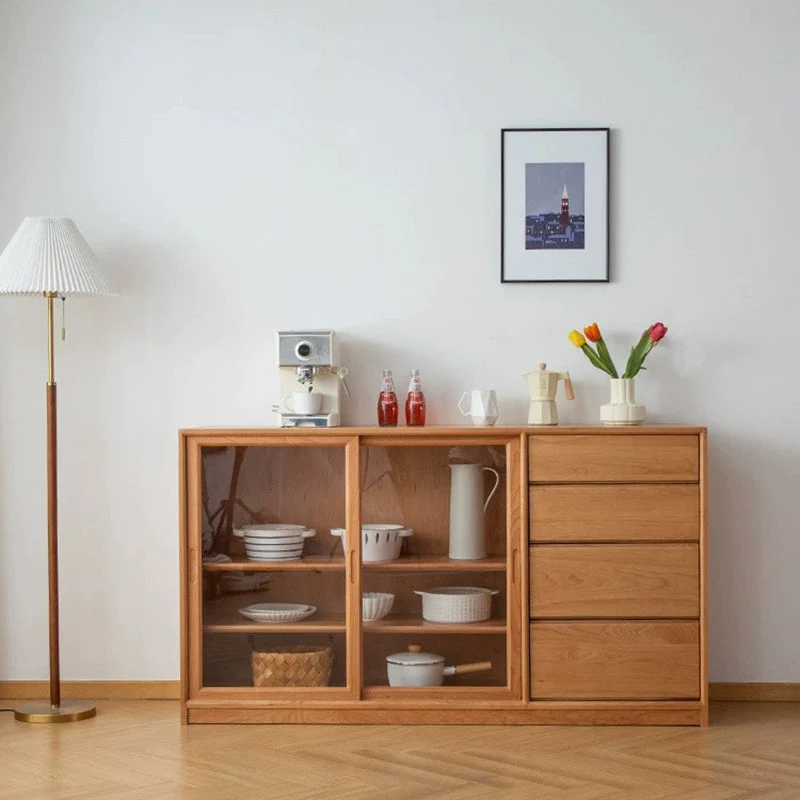 Contemporary Taupe Sliding Doors Sideboard Solid Wood Buffet Table 4 Drawers 47l