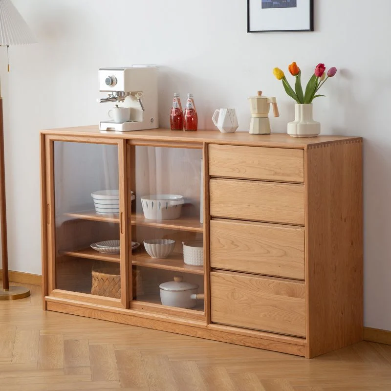 Contemporary Taupe Sliding Doors Sideboard Solid Wood Buffet Table 4 Drawers 47l