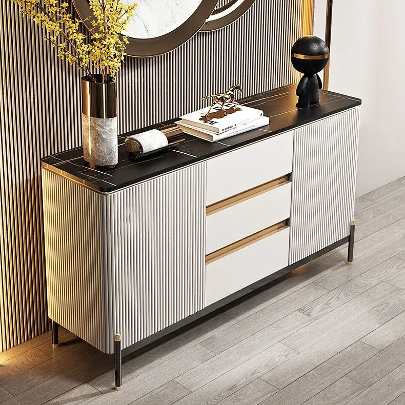 Doors and 3 Drawer Cupboard Stone Top Glam Style Sideboard Kitchen Gemaakt van Teakhout 47l