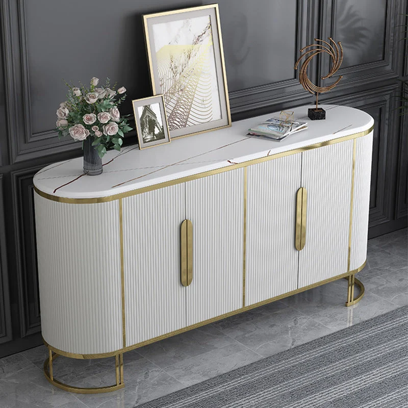Glam Style Stone Sideboard Buffet 33.4"H 4-Door Dining Room Buffet Server Stofbestendig White
