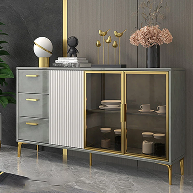 Minimalistisch Contemporary Asgrijs Sideboard Wood Buffet Server Glass Doors 39l