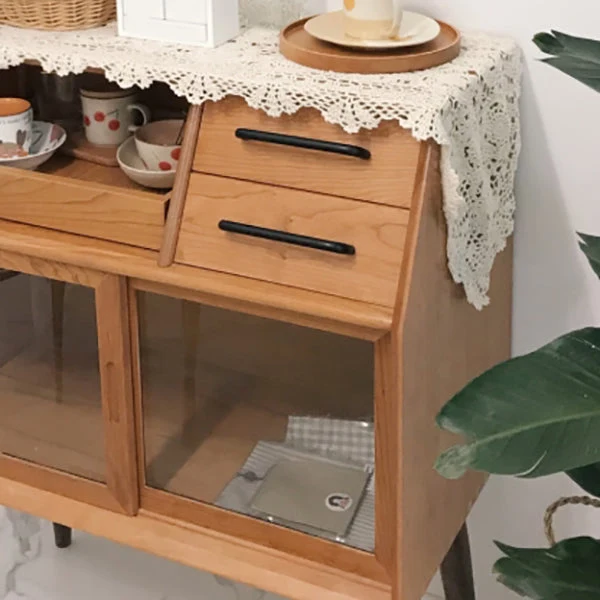 Modern Style Wood Sideboard 39-inch Height Glaswerk Doors Cupboard Living Room 180 x 90 cm Walnut