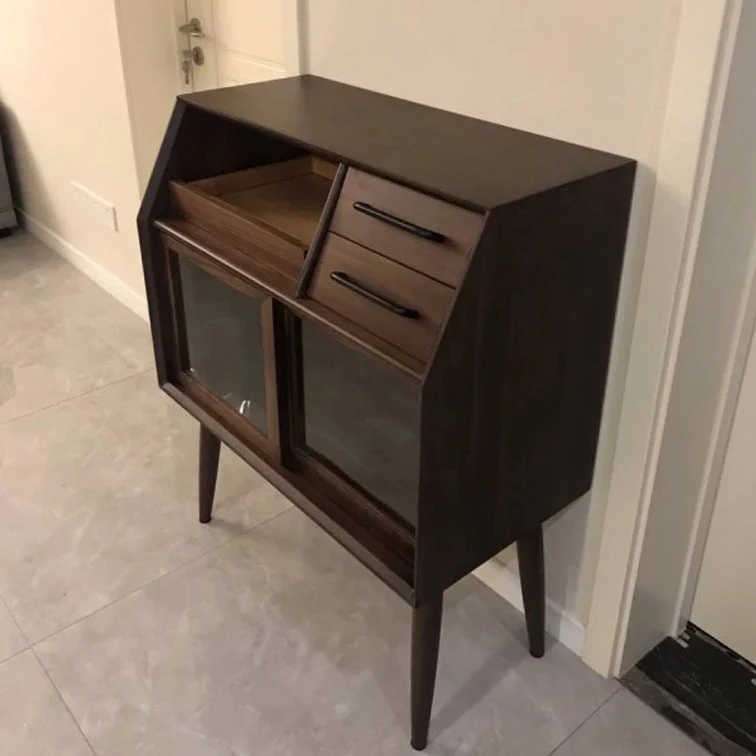 Modern Style Wood Sideboard 39-inch Height Glaswerk Doors Cupboard Living Room 180 x 90 cm Walnut