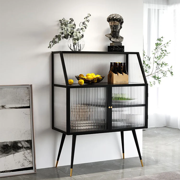 Stijlvol Modern Modern Black Ijzer Dining Server Striped Glass Doors Cabinets Sideboard Living Room 24l