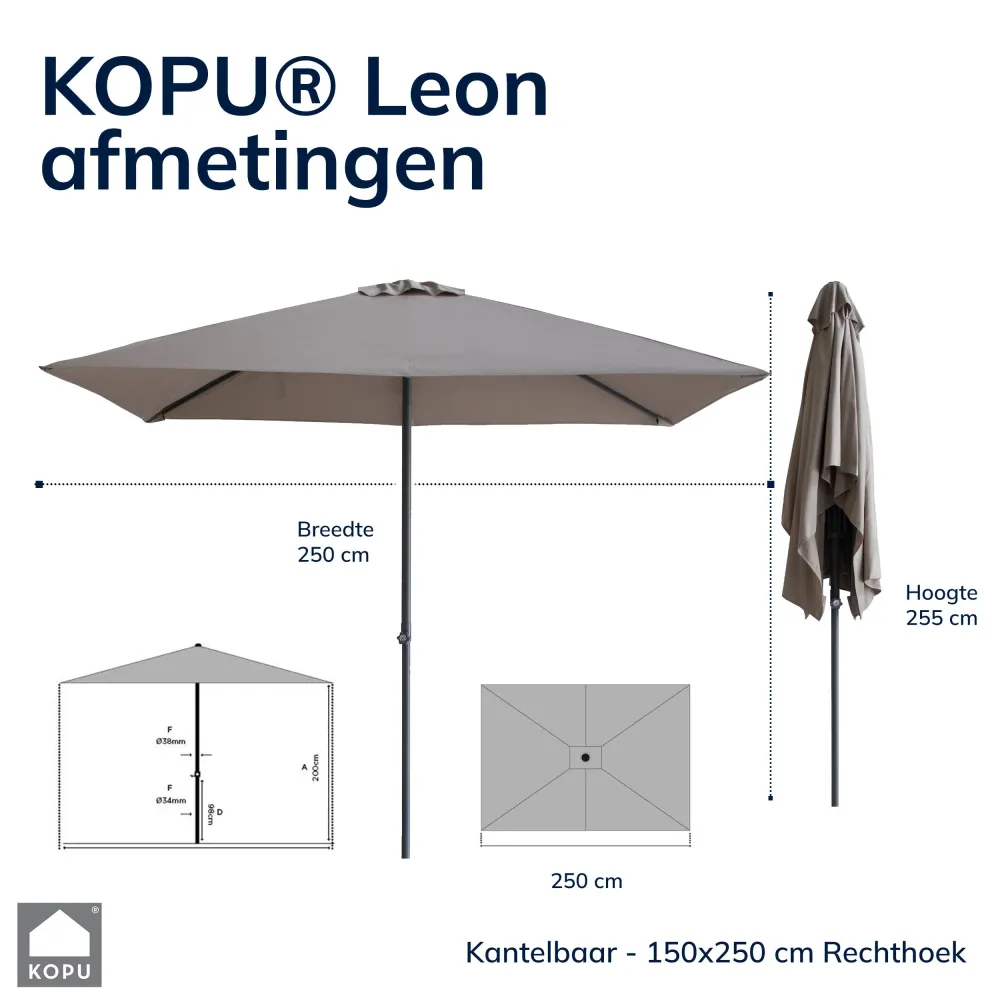 Kopu® Leon Parasol Rechthoek 150x250cm met Hoes - Hoogteverstelbaar - Taupe