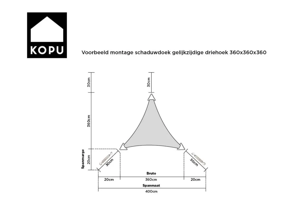 Kopu® Schaduwdoek Driehoek 3,6x3,6x3,6 mtr Waterdicht 230 grams Creme