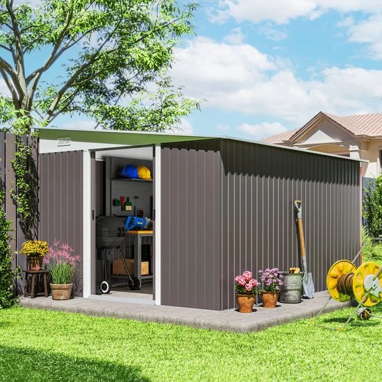 Metalen Tuinschuur met Schuin Dak - Dubbele Vergrendelbare Deuren - 2,8 x 3,45 x 2,01m - Grijs