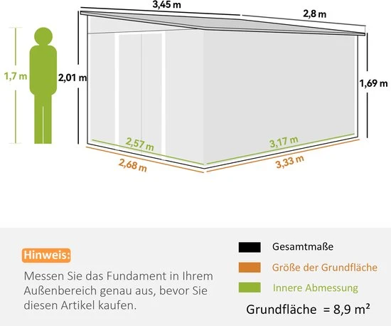 Metalen Tuinschuur met Schuin Dak - Dubbele Vergrendelbare Deuren - 2,8 x 3,45 x 2,01m - Grijs