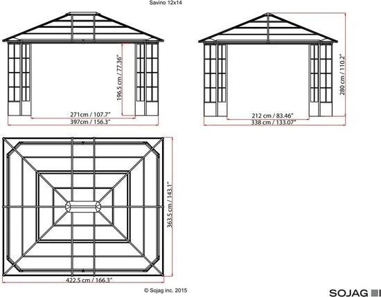 Sojag Aluminium paviljoen Savino - met klamboe - 338x397x280cm Zwart