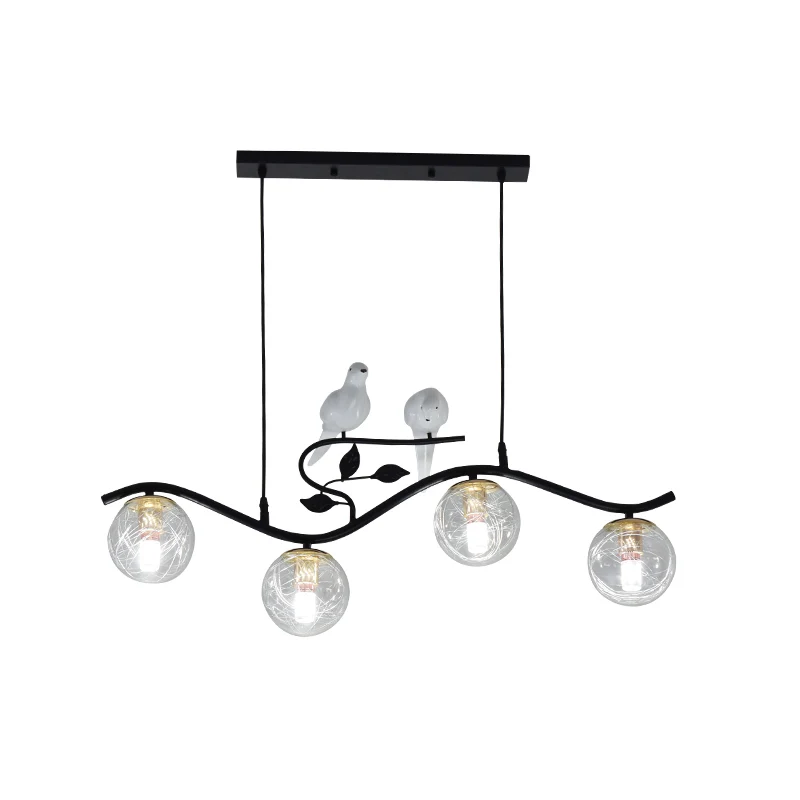 Dekentje Metalen Wavy Island hanglamp Minimalistische 4-lichts zwarte hanglamp met bolglazen kap en vogeldeco