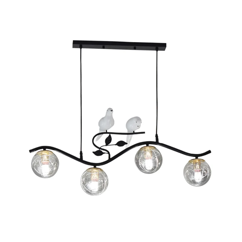 Dekentje Metalen Wavy Island hanglamp Minimalistische 4-lichts zwarte hanglamp met bolglazen kap en vogeldeco