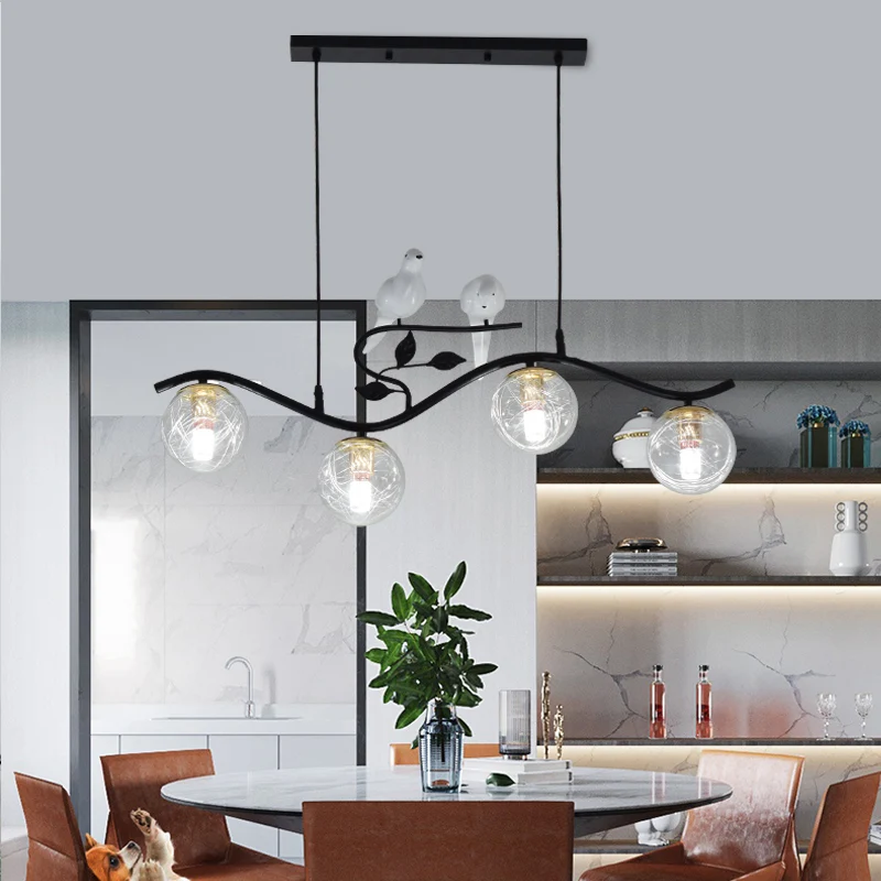 Metalen Wavy Island hanglamp Minimalistische 4-lichts zwarte hanglamp met bolglazen kap en vogeldeco voor op de salontafel