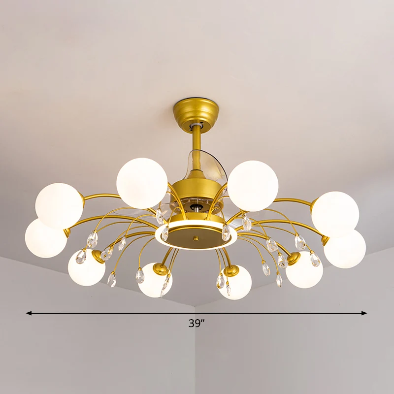 3-bladen bal woonkamer hangventilator helder wit glas postmoderne afstandsbediening semi-inbouwlamp met K9-kristallen