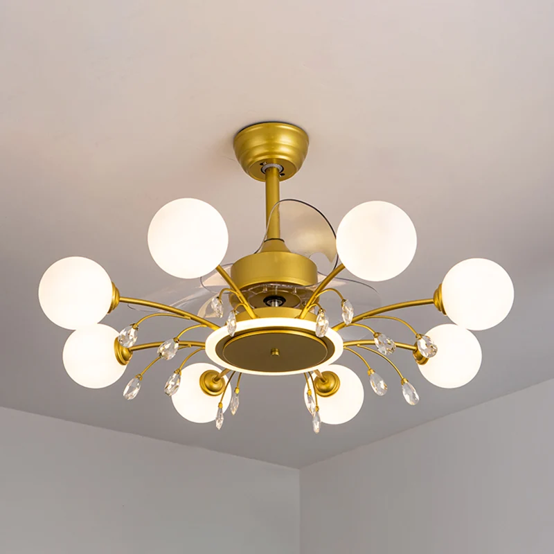 3-bladen bal woonkamer hangventilator helder wit glas postmoderne afstandsbediening semi-inbouwlamp met K9-kristallen