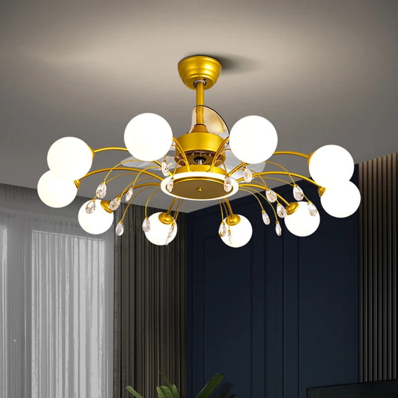 3-bladen bal woonkamer hangventilator zacht wit glas postmoderne afstandsbediening semi-inbouwlamp met K9-kristallen