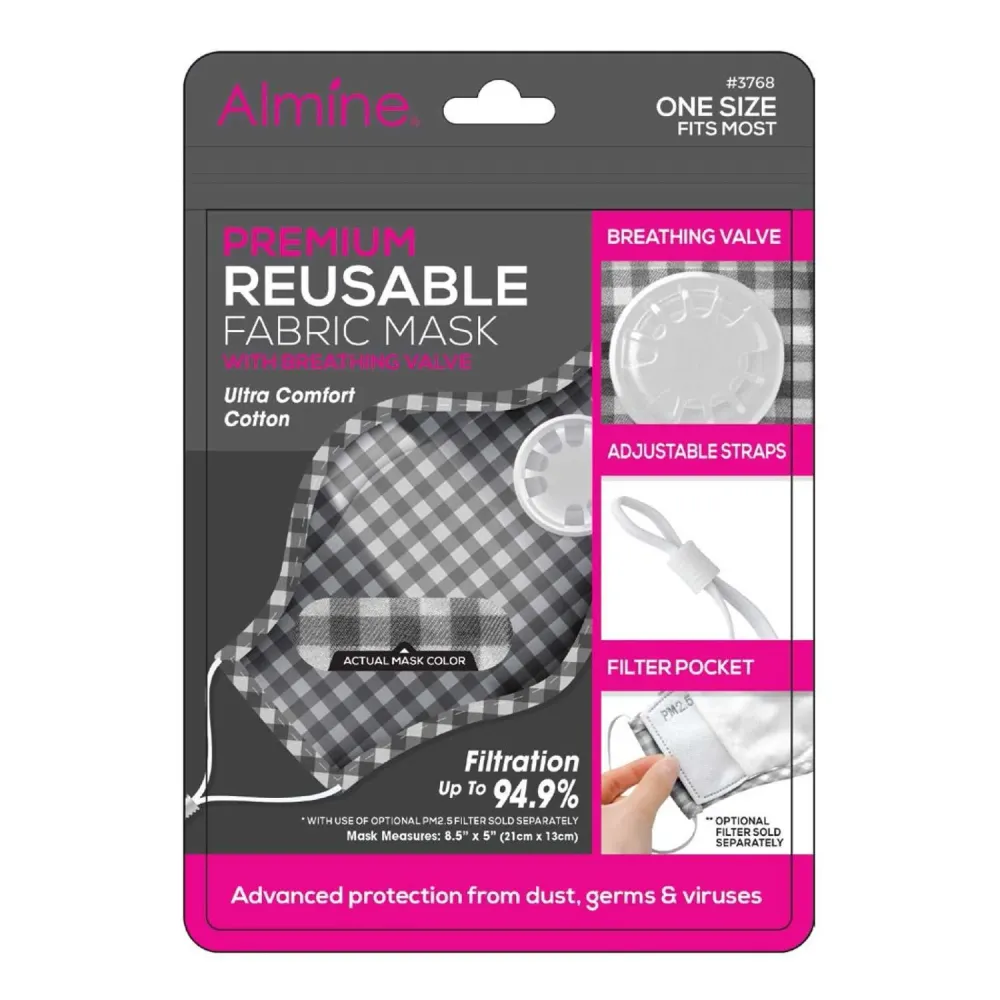 Almine Gingham Pattern 3-Ply Fabric Mask Air Vent, Zwart