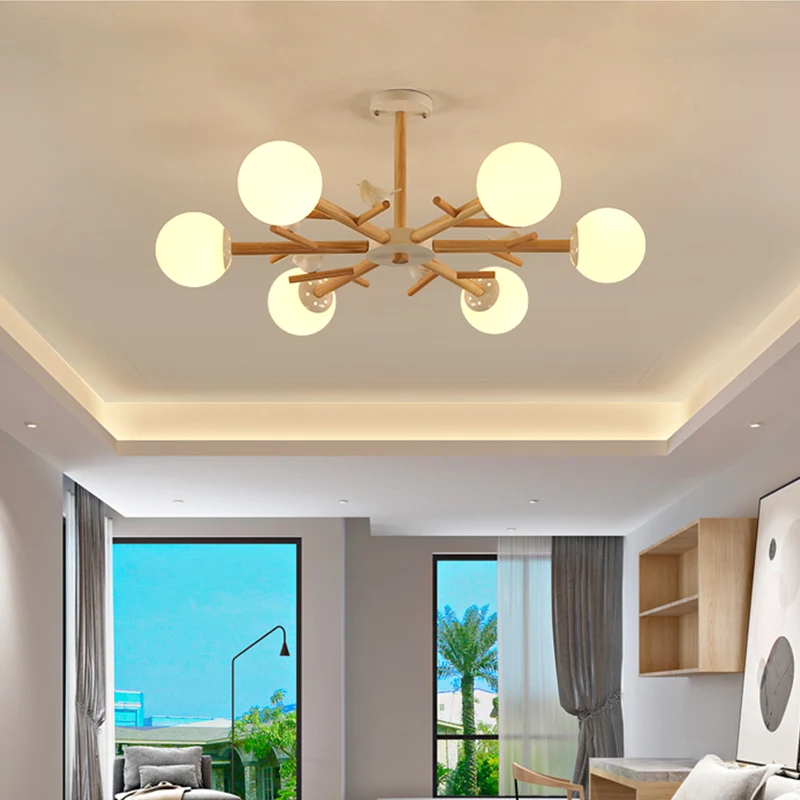 Ball Chandelier Lighting Nordic Cream Glazen Living Room Hanging Light Wood Bird Decor Wood