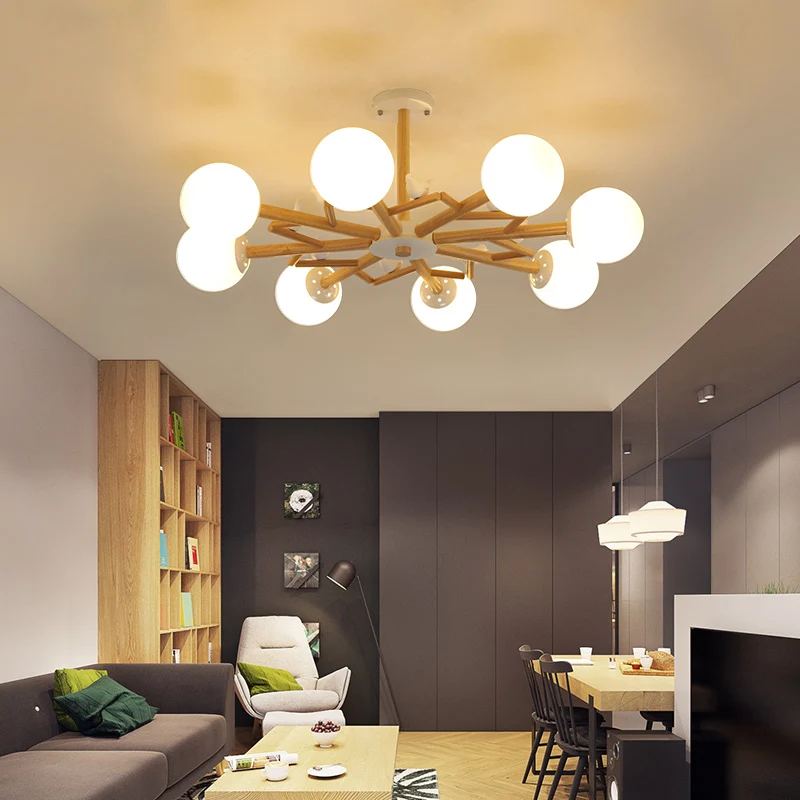 Ball Chandelier Lighting Nordic Cream Glazen Living Room Hanging Light Wood Bird Decor Wood