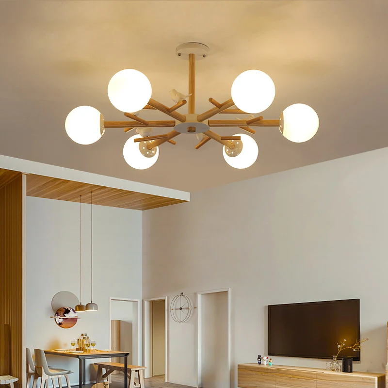 Ball Chandelier Lighting Nordic Cream Glazen Living Room Hanging Light Wood Bird Decor Wood