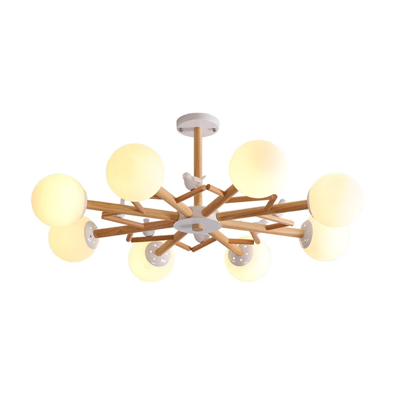 Ball Chandelier Lighting Nordic Cream Glazen Living Room Hanging Light Wood Bird Decor Wood