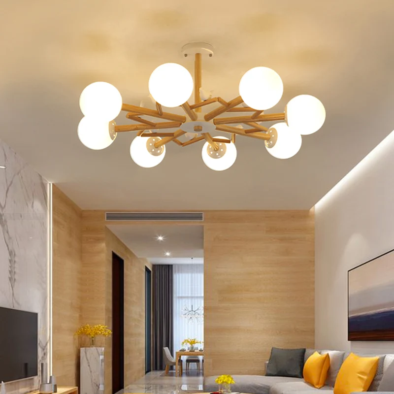Ball Chandelier Lighting Nordic Cream Glazen Living Room Hanging Light Wood Bird Decor Wood
