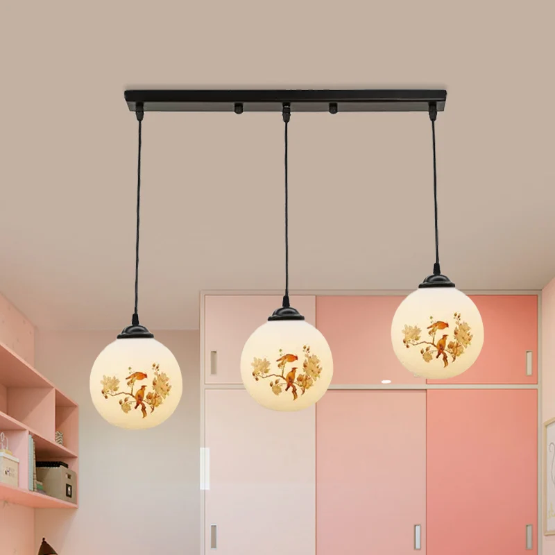 Ball Frosted Melkwit Glass Multi Light Pendant Minimalist 3 Bulbs Dining Room Suspension Lamp Linear/Round Canopy and Flor...