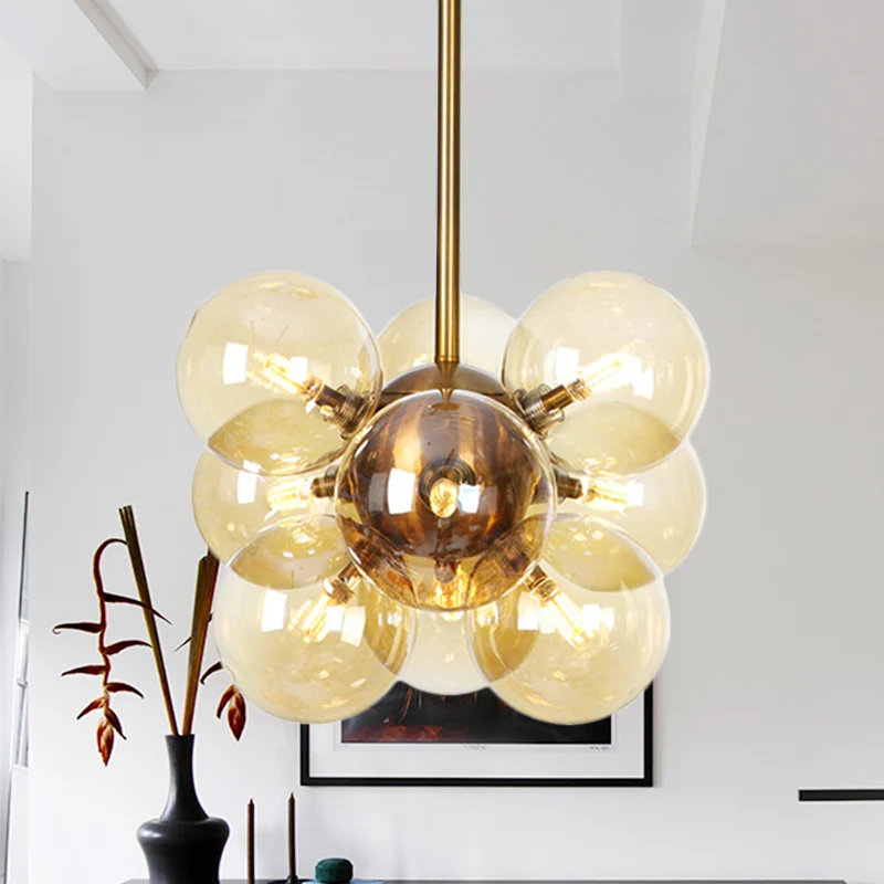 Ball LED kroonluchter hanglamp hedendaags getextureerd wit/amber glas 9 koppen eetkamer hangende plafondlamp
