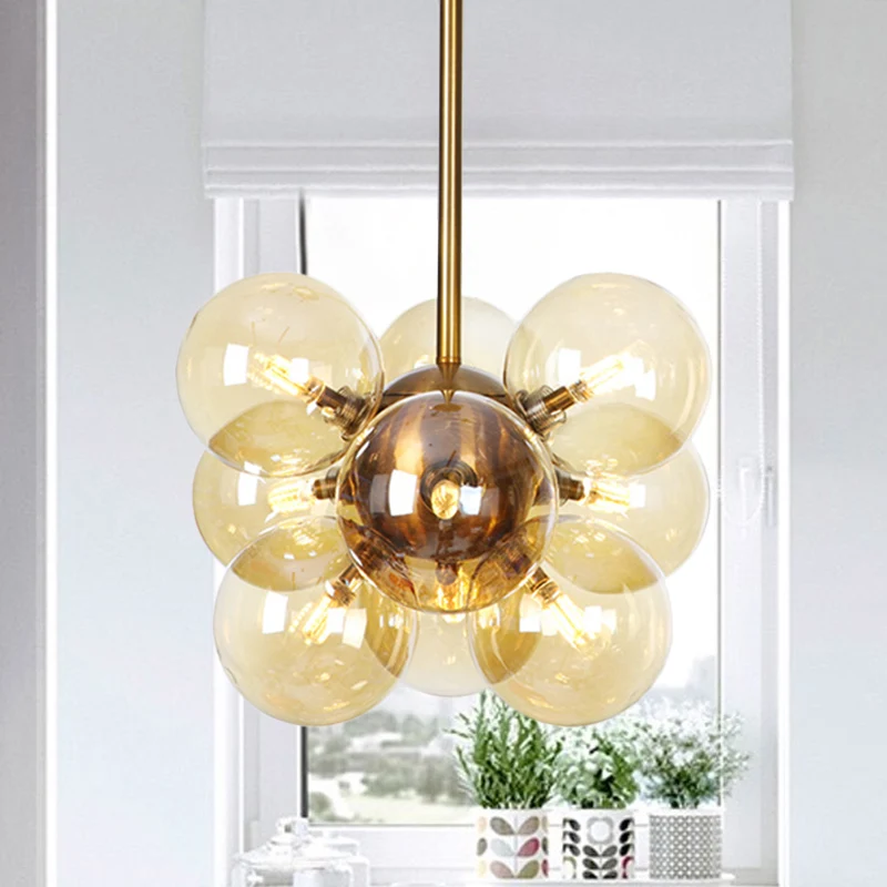 Ball LED kroonluchter hanglamp hedendaags getextureerd wit/amber glas 9 koppen eetkamer hangende plafondlamp