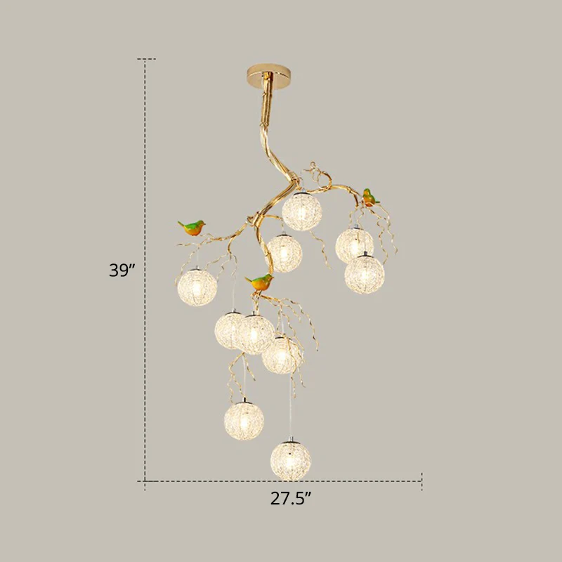 Ball Tree LED kroonluchter artistieke aluminium draad gouden hanglamp met vogeldecoraties