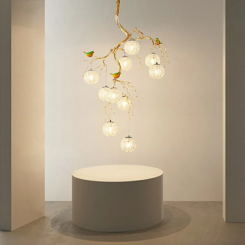 Ball Tree LED kroonluchter artistieke aluminium draad gouden hanglamp met vogeldecoraties