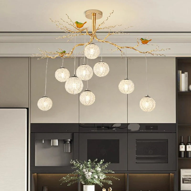 Ball Tree LED kroonluchter artistieke aluminium draad gouden hanglamp met vogeldecoraties