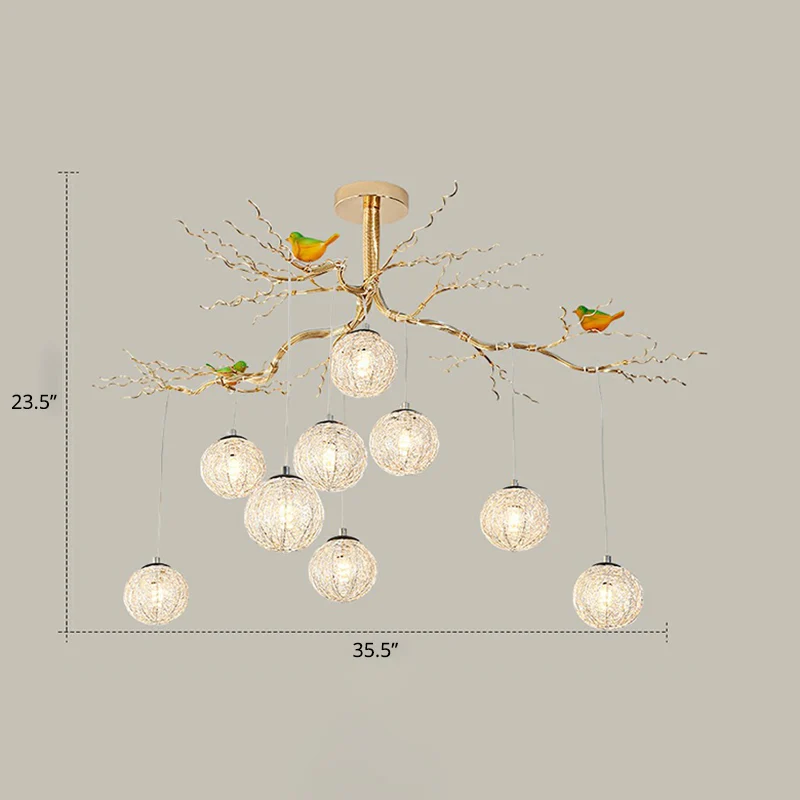 Ball Tree LED kroonluchter artistieke aluminium draad gouden hanglamp met vogeldecoraties