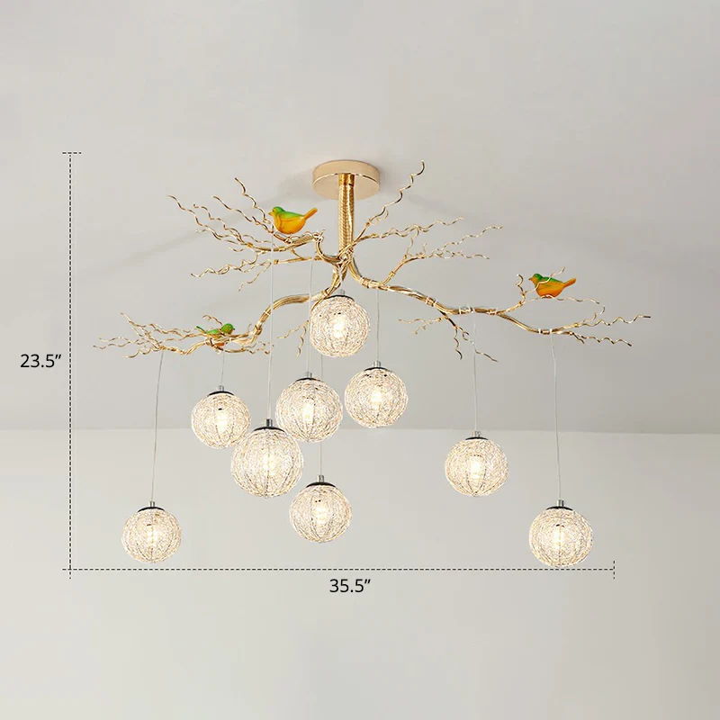 Ball Tree LED kroonluchter artistieke aluminium draad gouden hanglamp met vogeldecoraties