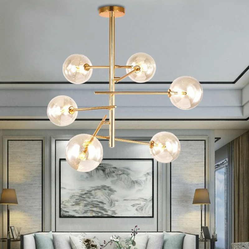 Ballenkroonluchter Scandinavische stijl, stralend glazen woonkamerophanglamp goud