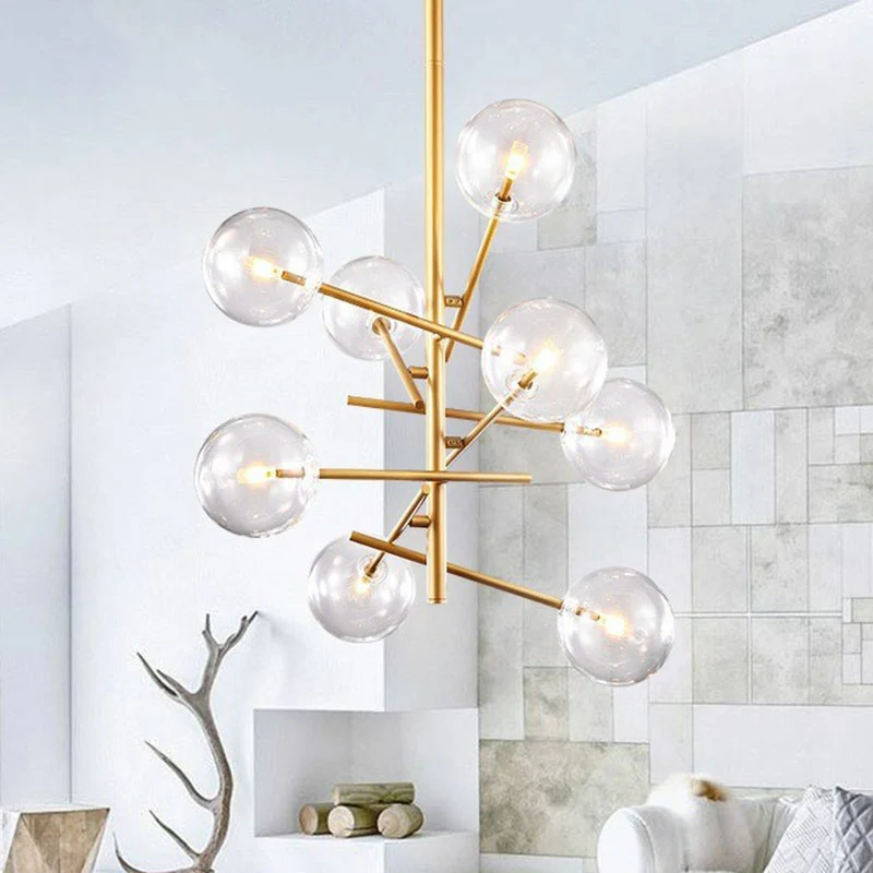 Ballenkroonluchter Scandinavische stijl, stralend glazen woonkamerophanglamp goud