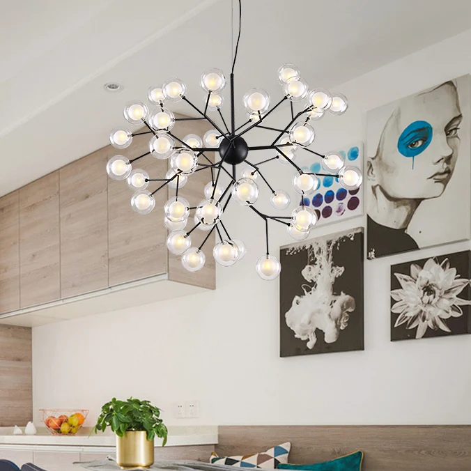 Branching Chandelier Light Clear Glass Ball Shade Contemporain Style 9/27 Bulbs Black/White Ceiling Light Fixture Black