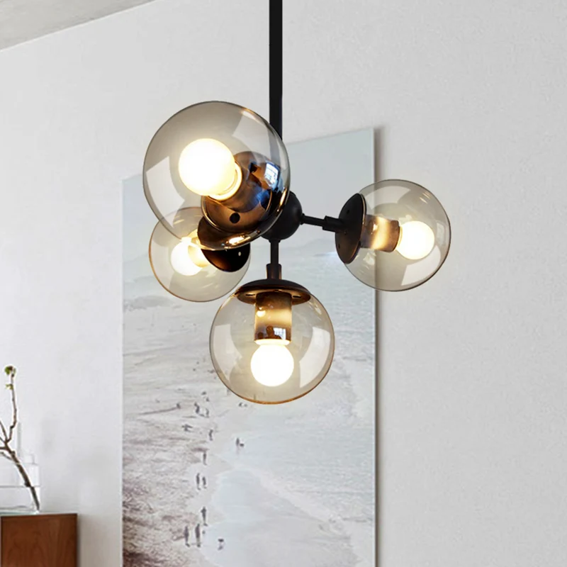 Clear Glazen Ball Chandelier Lighting Loft Style Bedroom Hanging Light Fixture Black Black