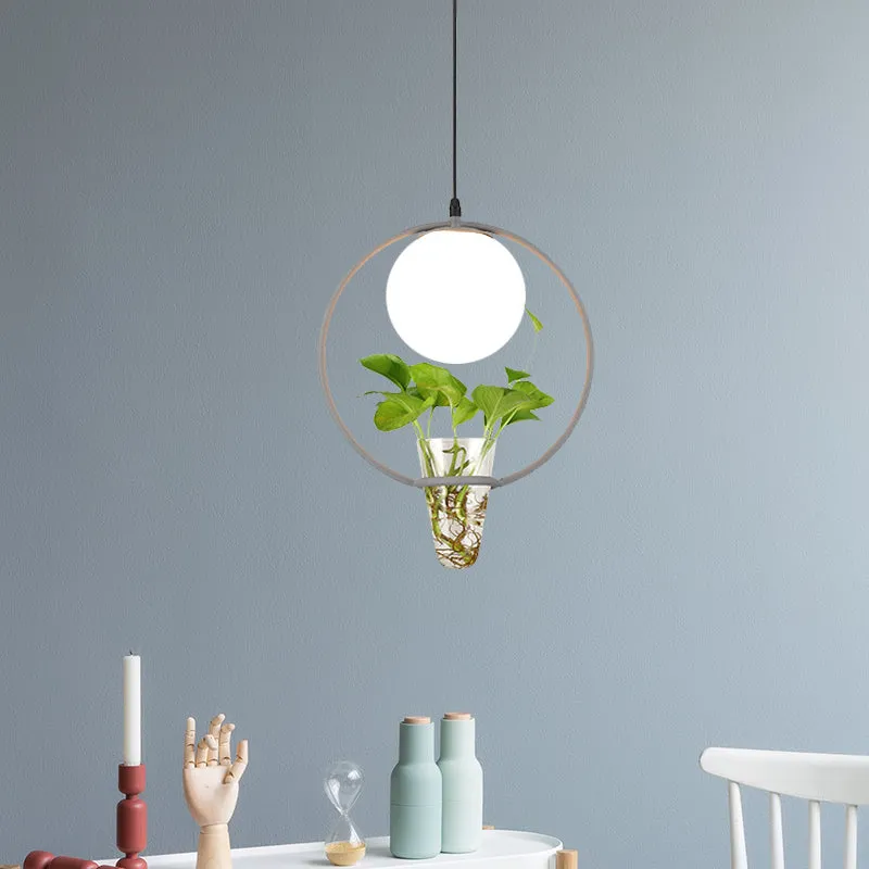 Factory Sphere hangende hanger 1 kop wit glazen plafondlamp zwart/grijs/goud met ronde/ovale kooi en plantenbeker