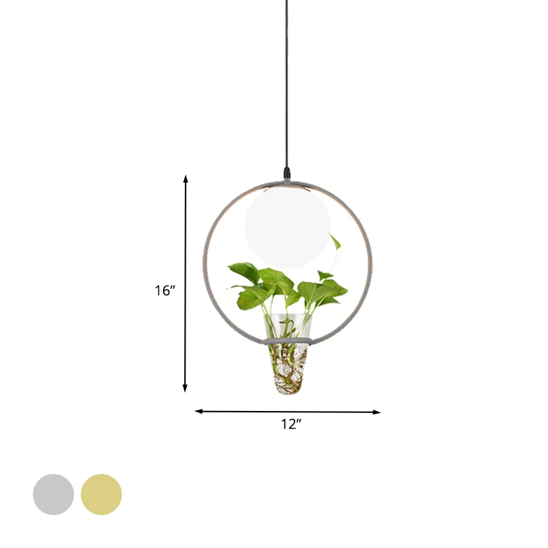 Factory Sphere hangende hanger 1 kop wit glazen plafondlamp zwart/grijs/goud met ronde/ovale kooi en plantenbeker
