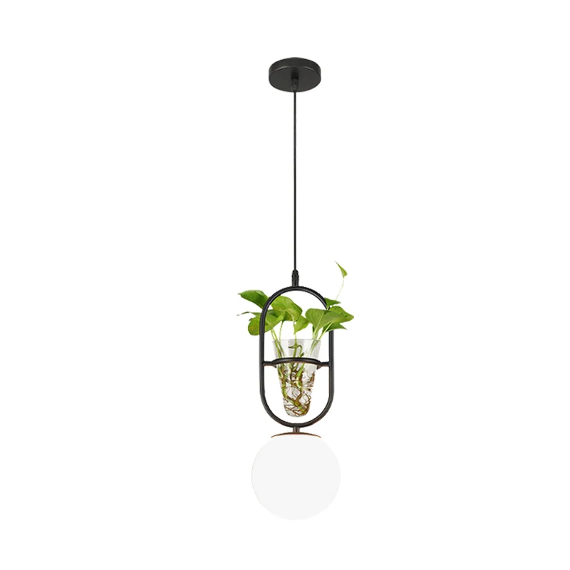Factory Sphere hangende hanger 1 kop wit glazen plafondlamp zwart/grijs/goud met ronde/ovale kooi en plantenbeker