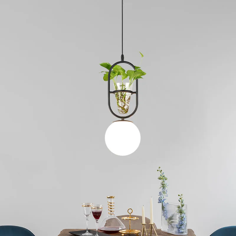 Factory Sphere hangende hanger 1 kop wit glazen plafondlamp zwart/grijs/goud met ronde/ovale kooi en plantenbeker