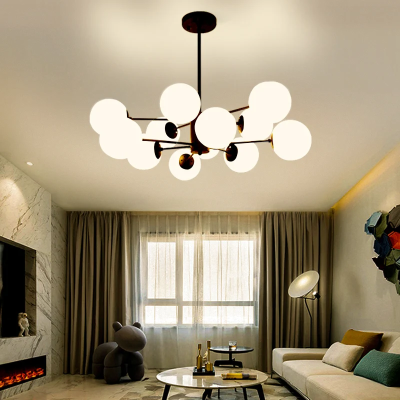 Frosted Ivoor Glass Ball Chandelier Postmodern Style Suspension Light Burst Design Black