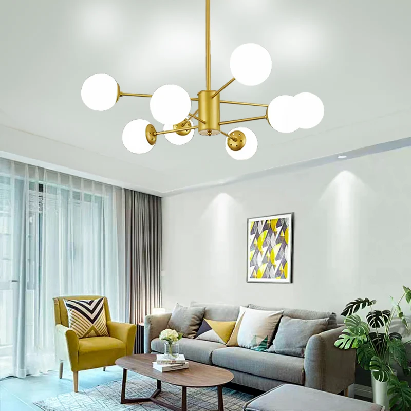 Frosted Ivoor Glass Ball Chandelier Postmodern Style Suspension Light Burst Design Black