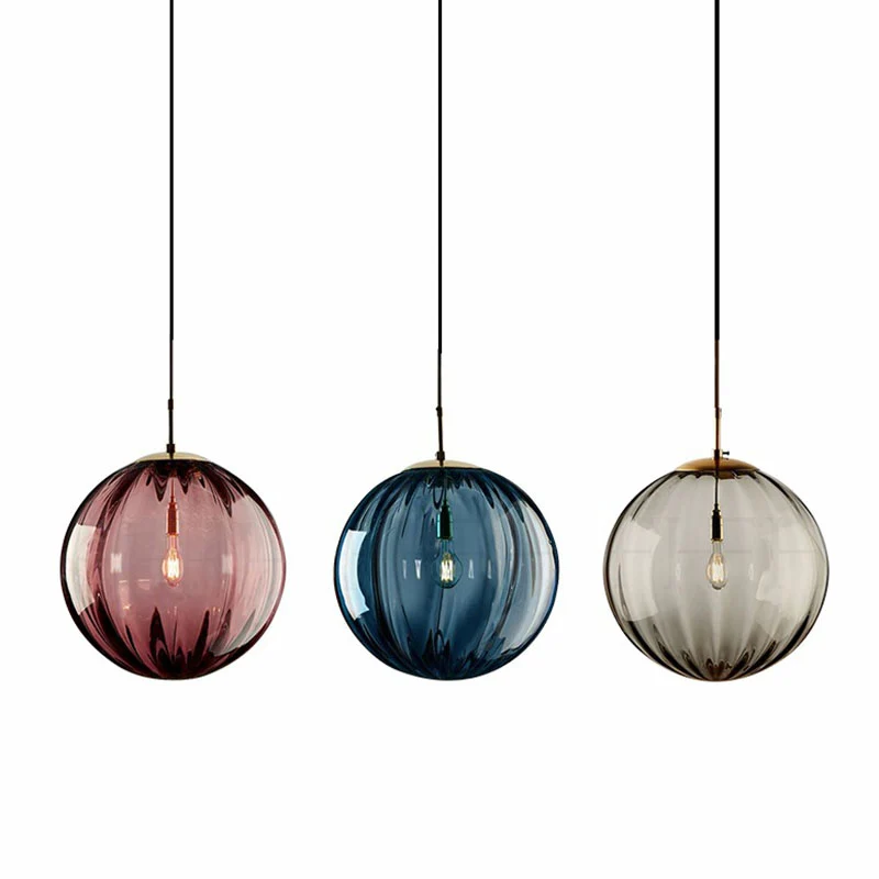 Glass Pumpkin Ball Shaped Pendant Actueel 1-Light Hanging Light Fixture Dining Room Purple