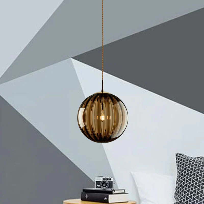 Glass Pumpkin Ball Shaped Pendant Actueel 1-Light Hanging Light Fixture Dining Room Purple