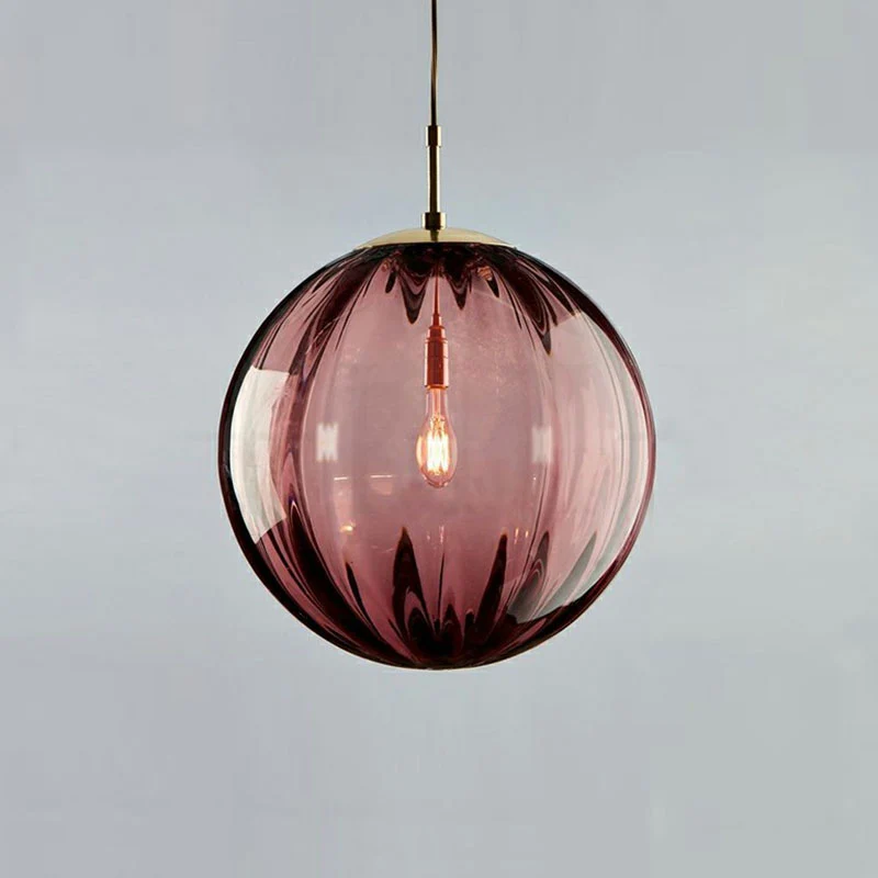 Glass Pumpkin Ball Shaped Pendant Actueel 1-Light Hanging Light Fixture Dining Room Purple