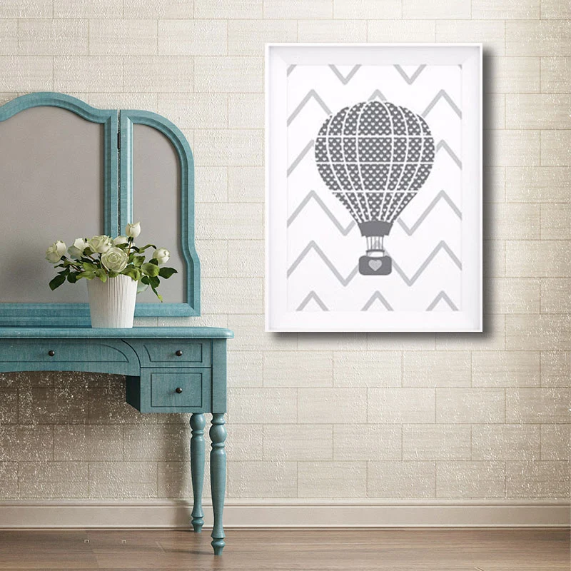 Grijze heteluchtballon schilderij decoratieve cartoon voor speelkamer zeildoek kunst aan de muur