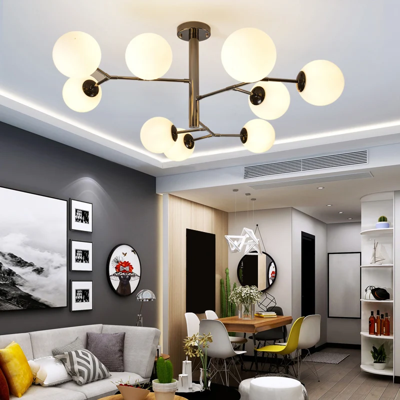 Hand-Blown Milk Glaswerk Ball Chandelier Simplicity Suspension Lighting Living Room Gold