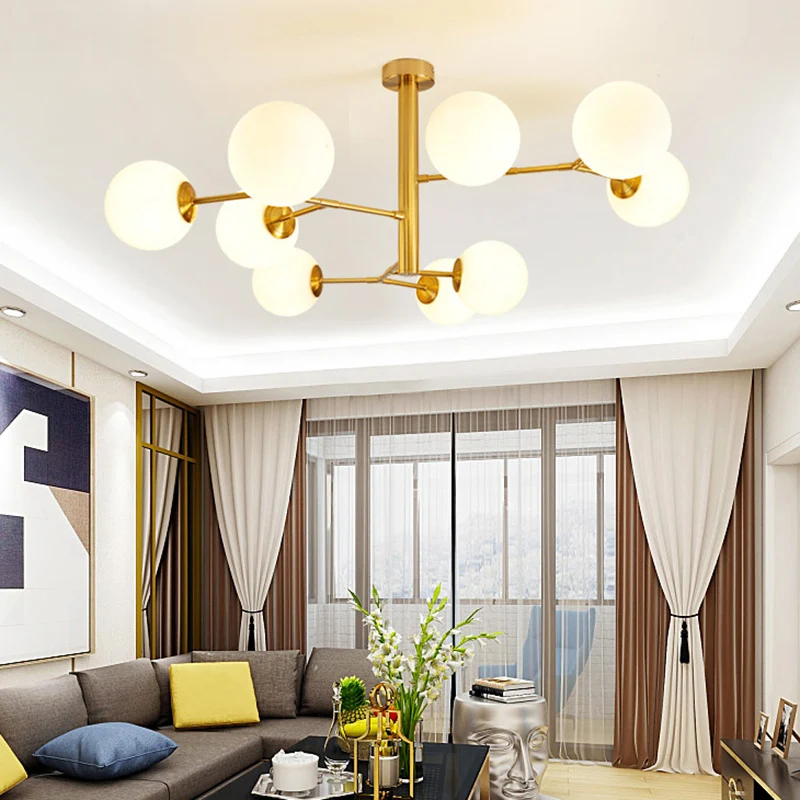 Hand-Blown Milk Glaswerk Ball Chandelier Simplicity Suspension Lighting Living Room Gold