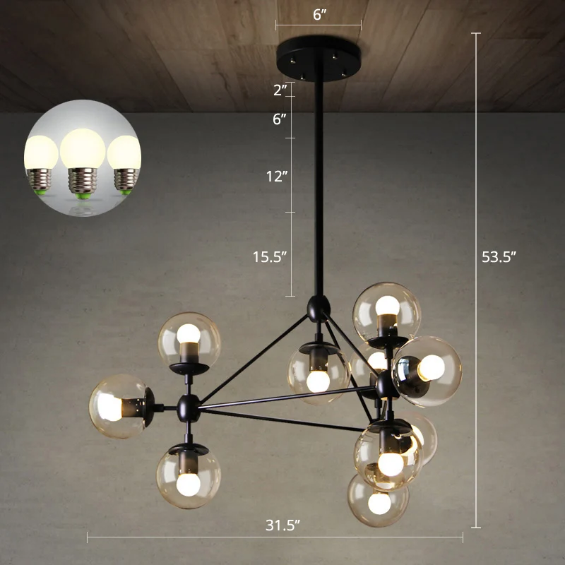 Helder Glass Ball Chandelier Lighting Loft Style Bedroom Hanging Light Fixture Black Black